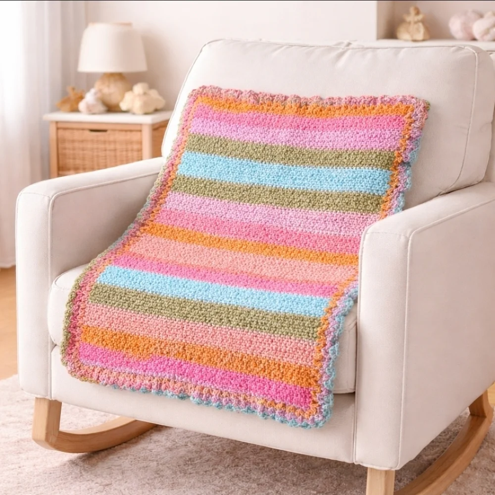 Handmade Super Soft Colorful Striped Crocheted Newborn Baby Blanket w Ruffle New